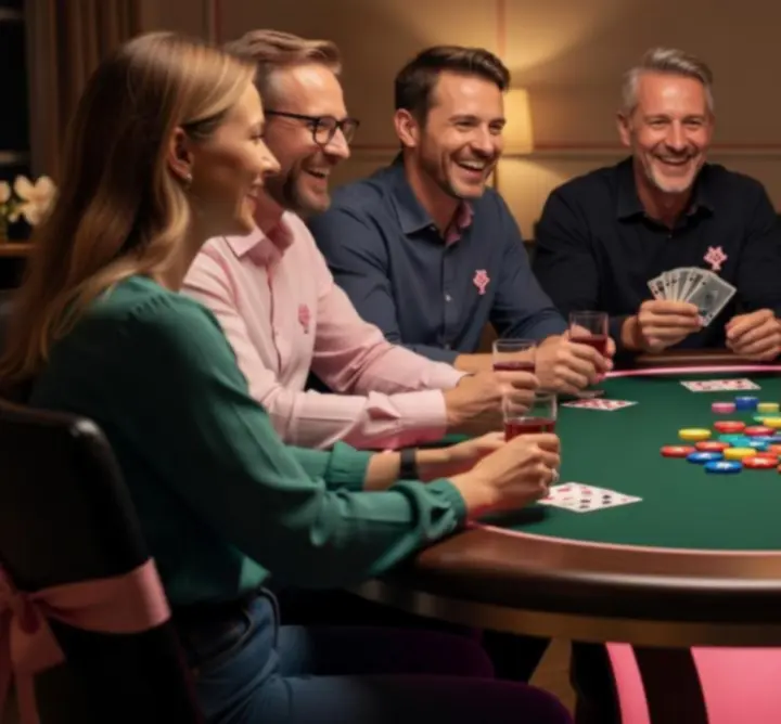 Grupa uczestników bawiących się przy stole pokerowym podczas wieczoru offline