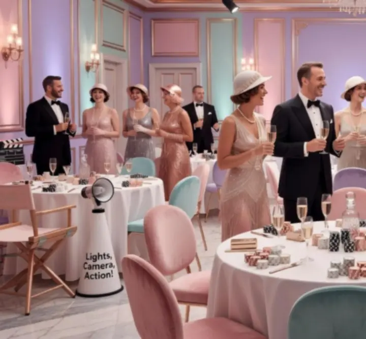 Goście na eleganckim, tematycznym przyjęciu w pastelowej oprawie